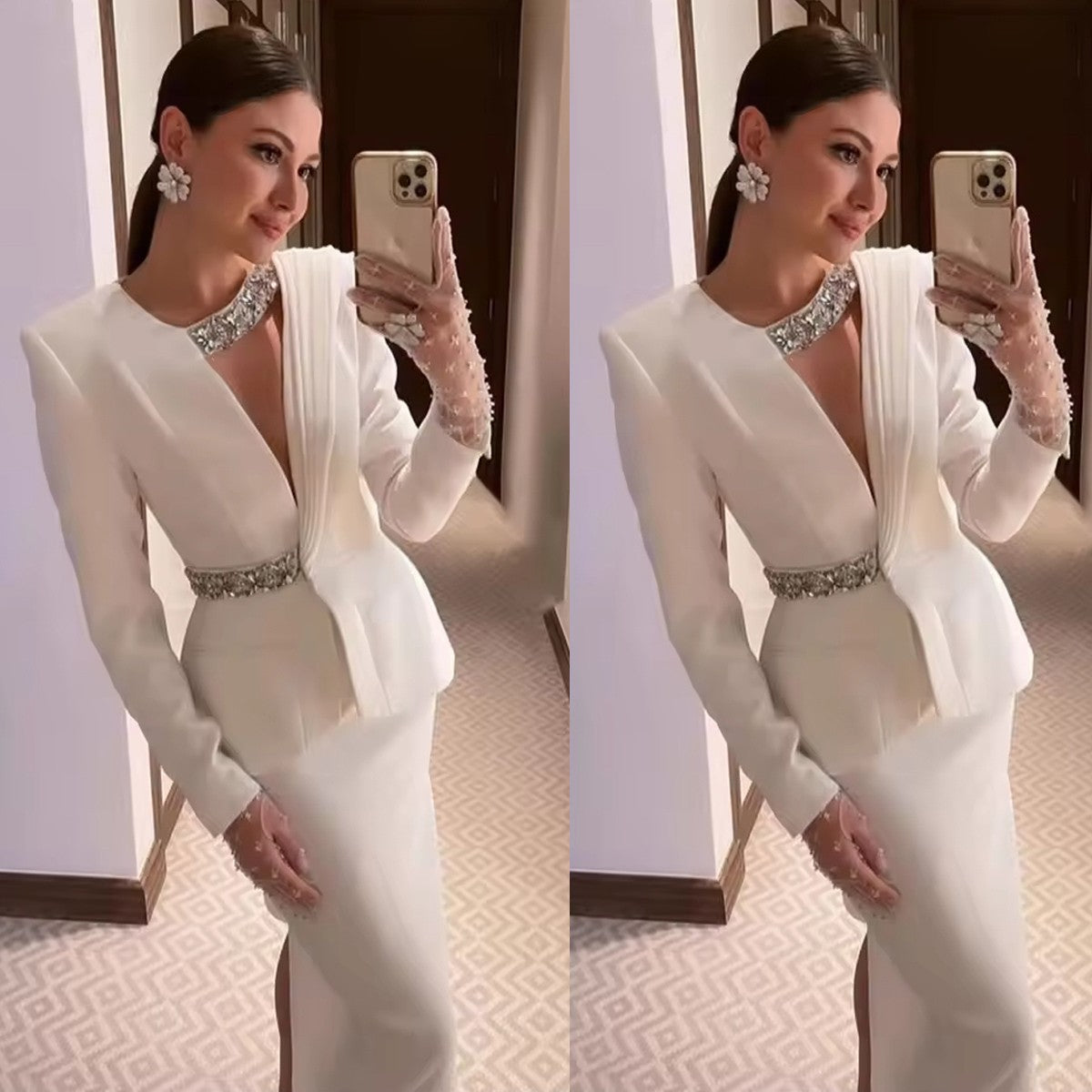 Elegant Crystal Formal Evening Dress Suit 2 Pieces V Neck Blazer and Skirt Set Custom Wedding Guest Dress Prom Men's OutfitElegant Crystal Formal Evening Dress Suit 2 Pieces V Neck Blazer and Skirt Set Custom Wedding Guest Dress Prom Men's Outfit