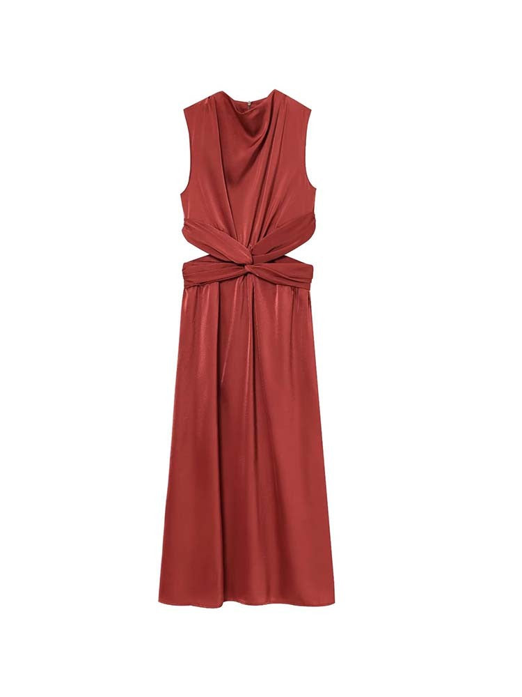 Women Summer Midi Dresses 2025 Fashion Solid Pleated Hollow Out Satin Female Elegant Street Dresses Clothing Women Summer Midi Dresses 2025 Fashion Solid Pleated Hollow Out Satin Female Elegant Street Dresses Clothing