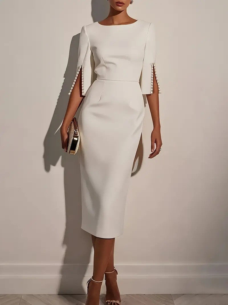 Women's fashion solid color office lady half sleeve nail bead dress female round neck slim and elegant dress Women's fashion solid color office lady half sleeve nail bead dress female round neck slim and elegant dress