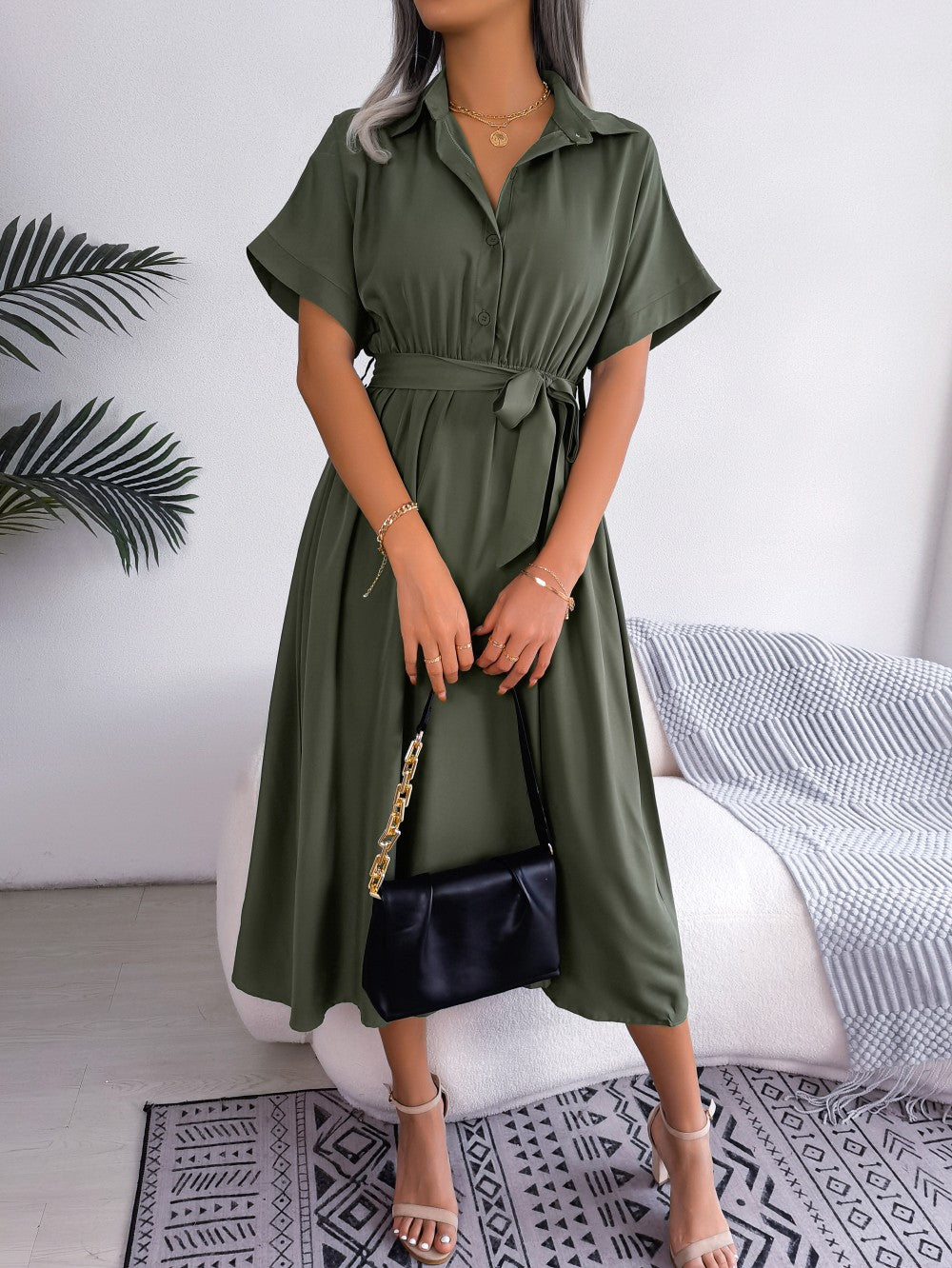 Women Summer Slim Waist Lace Up Dresses 2025 Casual Solid Color Turn Down Collar Short Sleeve A Line Dress Green Red Blue Women Summer Slim Waist Lace Up Dresses 2025 Casual Solid Color Turn Down Collar Short Sleeve A Line Dress Green Red Blue