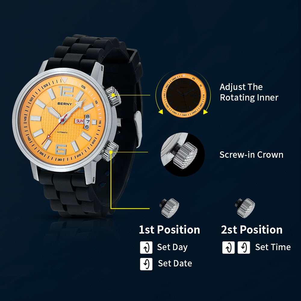 BERNY 20ATM Diver Relógio Mecânico Automático para Homens Super Luminoso À P