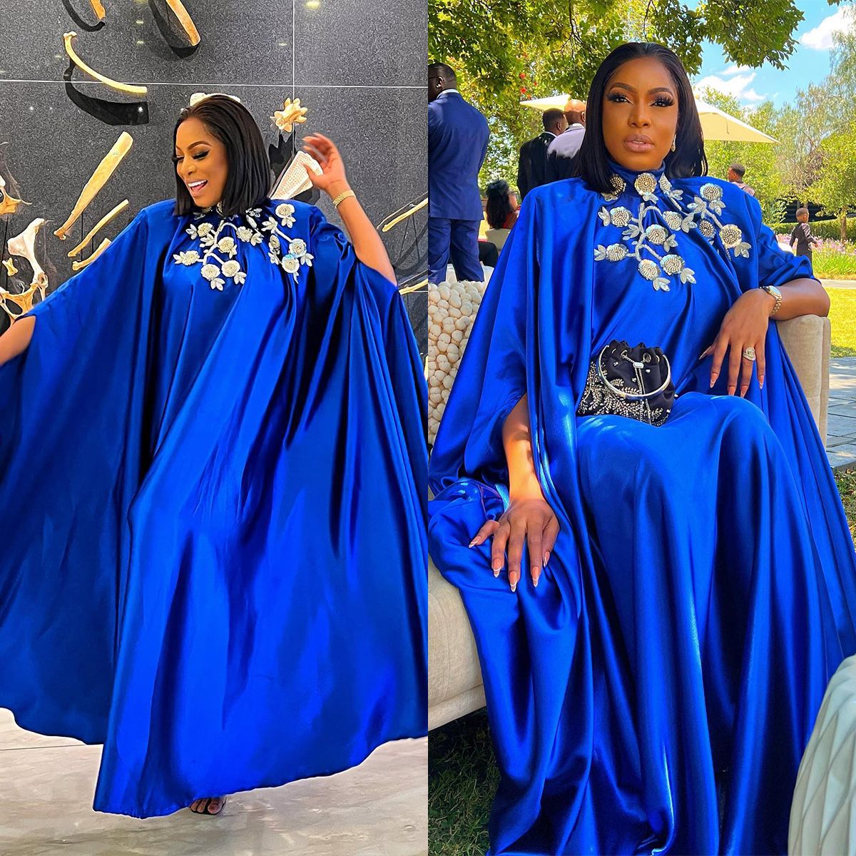 Vintage Beaded Women's Evening Dresses Plus Size Sleeves Cape One Piece Dress