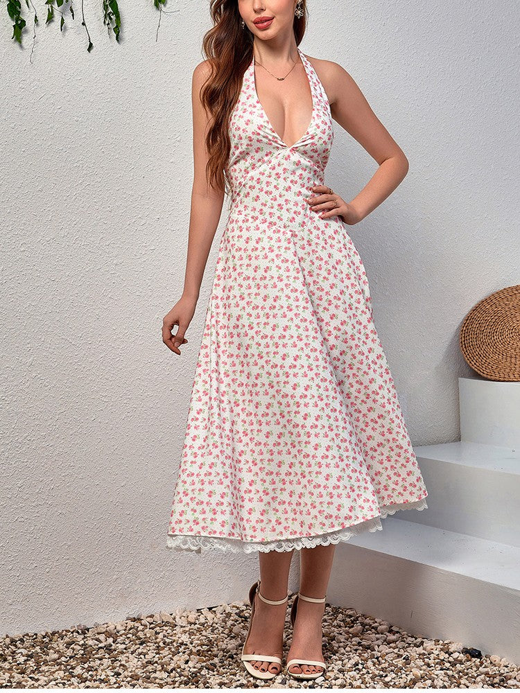 NewAsia Women's Sexy Deep V Neck Backless Floral Print Midi Dress Lace Halter Tie Up Fashion Casual Holiday Long Dresses Yellow NewAsia Women's Sexy Deep V Neck Backless Floral Print Midi Dress Lace Halter Tie Up Fashion Casual Holiday Long Dresses Yellow