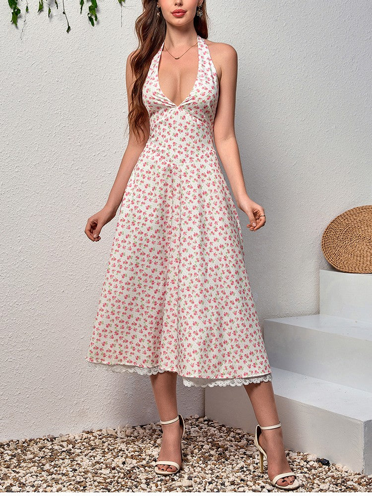 NewAsia Women's Sexy Deep V Neck Backless Floral Print Midi Dress Lace Halter Tie Up Fashion Casual Holiday Long Dresses Yellow NewAsia Women's Sexy Deep V Neck Backless Floral Print Midi Dress Lace Halter Tie Up Fashion Casual Holiday Long Dresses Yellow