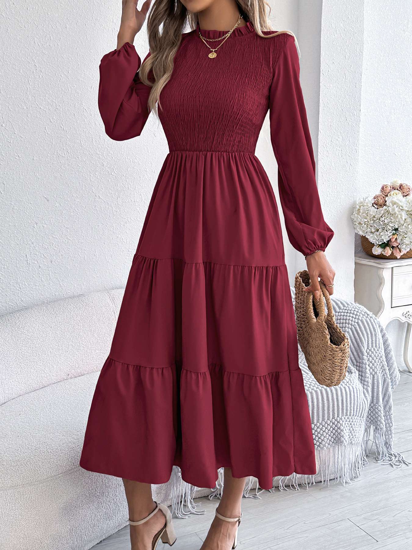 Autumn Winter Elegant Dresses for Women Solid Color Round Neck Long Sleeve Ruffles Dresses Khaki Green Red Autumn Winter Elegant Dresses for Women Solid Color Round Neck Long Sleeve Ruffles Dresses Khaki Green Red