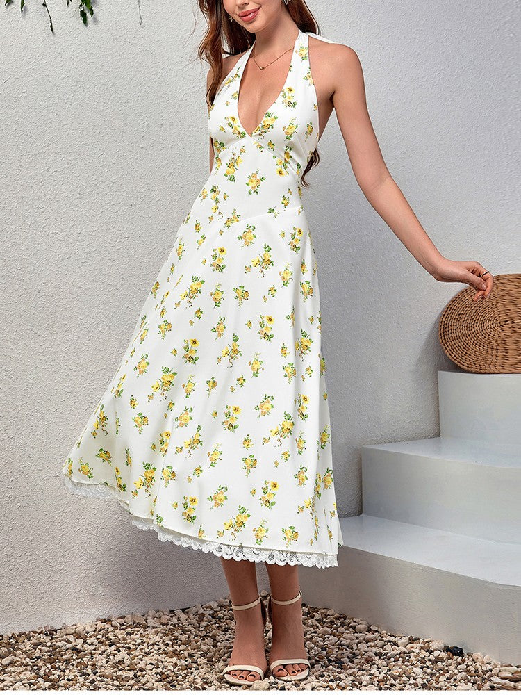 NewAsia Women's Sexy Deep V Neck Backless Floral Print Midi Dress Lace Halter Tie Up Fashion Casual Holiday Long Dresses Yellow NewAsia Women's Sexy Deep V Neck Backless Floral Print Midi Dress Lace Halter Tie Up Fashion Casual Holiday Long Dresses Yellow