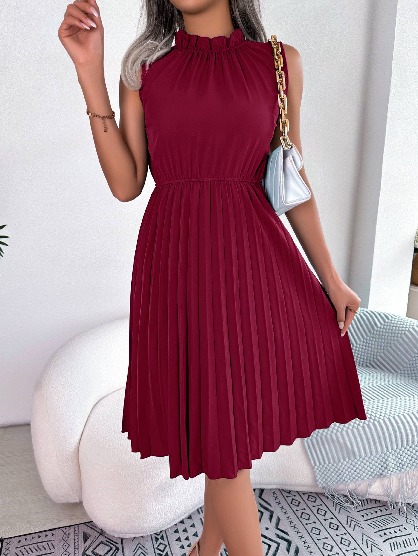 Women summer casual ruffles sleeveless pleated knee-length dress solid dresses Women summer casual ruffles sleeveless pleated knee-length dress solid dresses