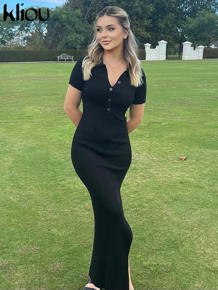 Kliou elegante senhora do escritório maxi vestido feminino sólido moda turn-do