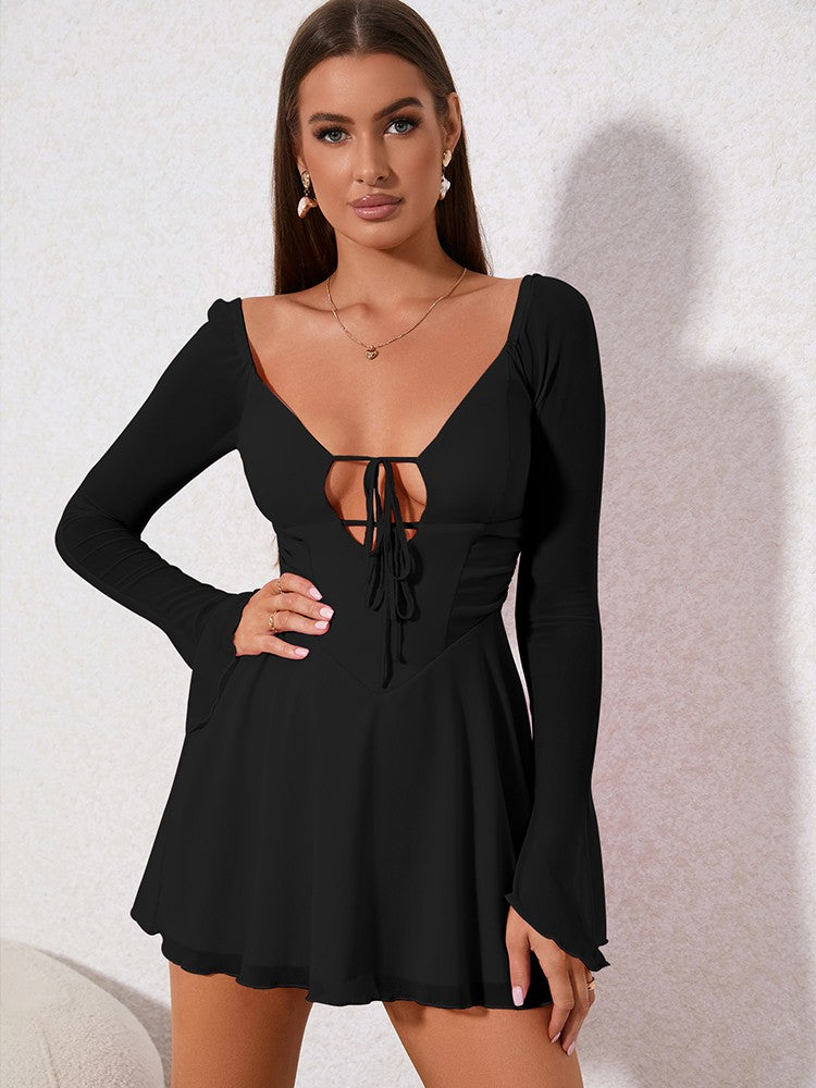 NewAsia Spring Autumn Sexy Hollow Out Bandage Mini Dresses Women Solid Empire Slim Dresses Fashion Party Club Full Sleeve Dress NewAsia Spring Autumn Sexy Hollow Out Bandage Mini Dresses Women Solid Empire Slim Dresses Fashion Party Club Full Sleeve Dress