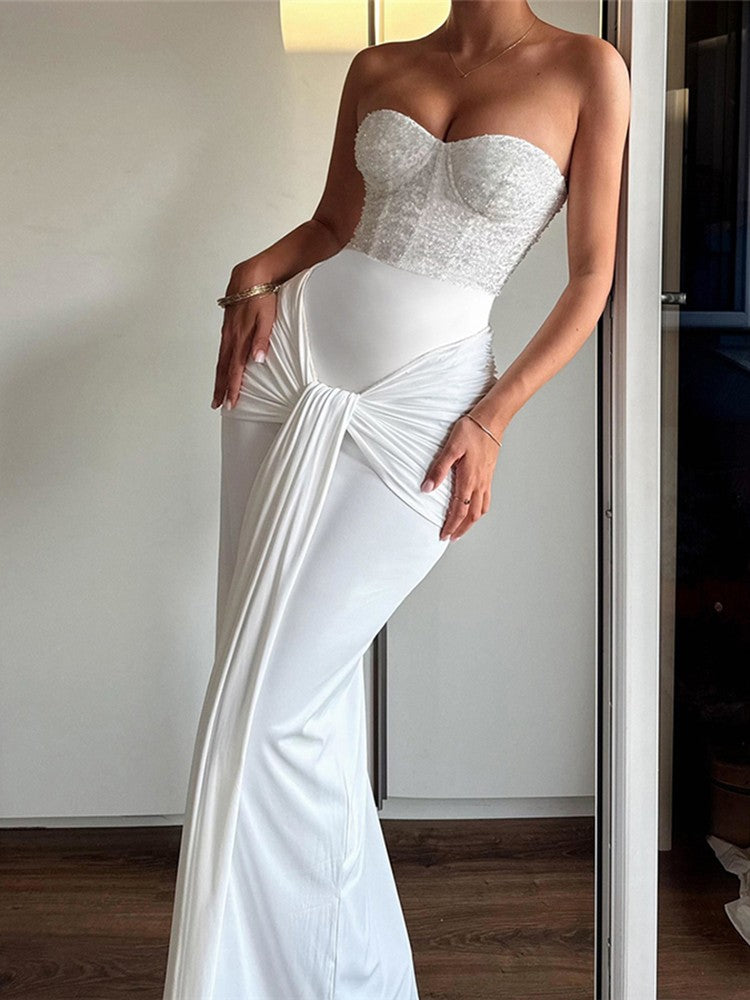 Kliou Sequin Patchwork Women Maxi Dress Stunning Sexy Strapless Stacked Pleated Sheath Long Robe Mujer Festival Elegant Dress