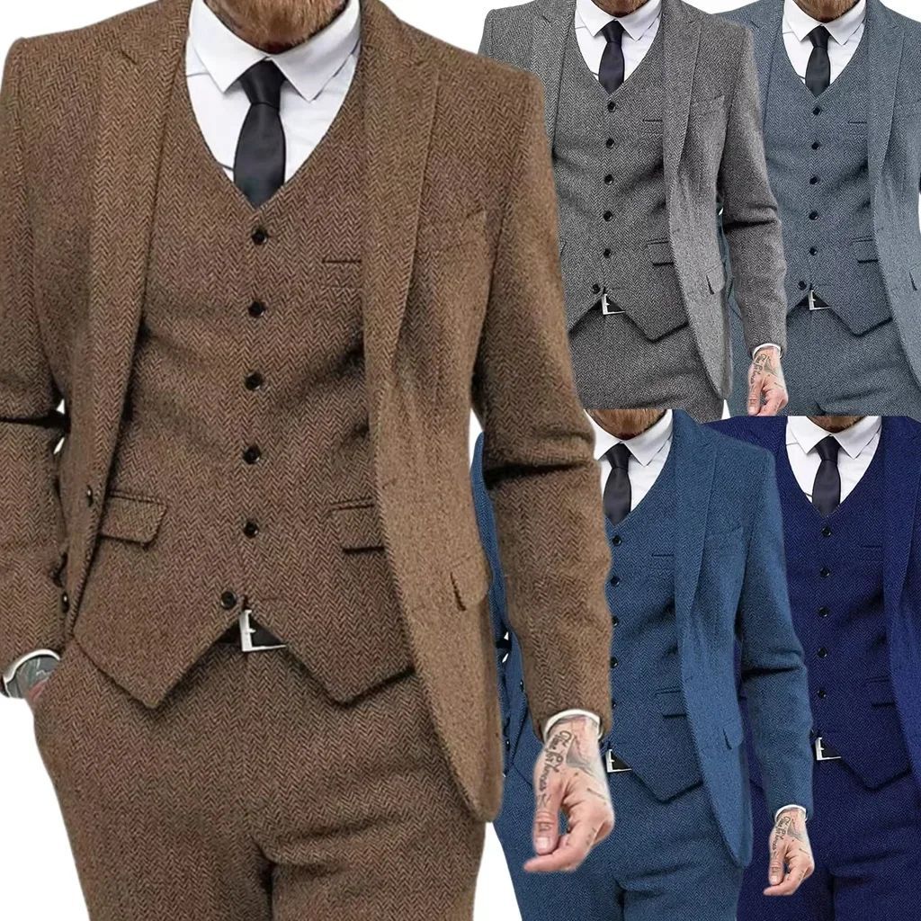 Men's Retro Herringbone Suit, Elegant Vintage Tuxedo Set, 3 Piece Blazer, Vest and Pants, for Wedding, Business, Evening PartyMen's Retro Herringbone Suit, Elegant Vintage Tuxedo Set, 3 Piece Blazer, Vest and Pants, for Wedding, Business, Evening Party