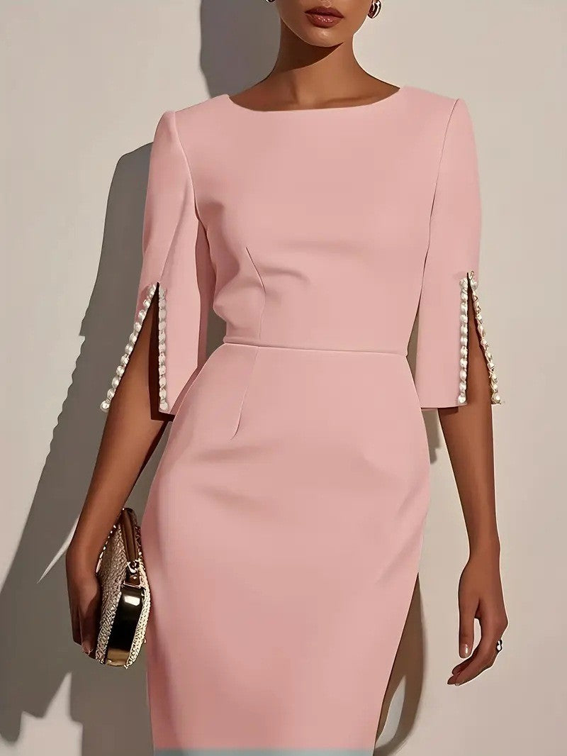 Women's fashion solid color office lady half sleeve nail bead dress female round neck slim and elegant dress Women's fashion solid color office lady half sleeve nail bead dress female round neck slim and elegant dress