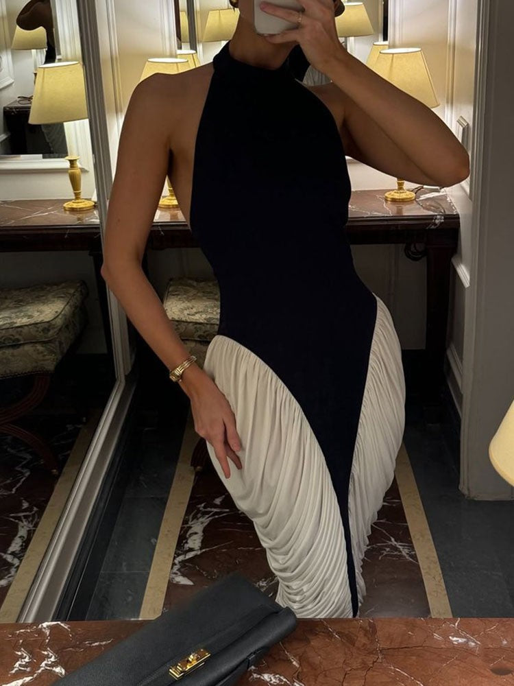 Elegant Halter Backless Bodycon Midi Dress Women 2025 Contrast Color Folds Party Evening Dresses Summer Chic Sleeveless Robes Elegant Halter Backless Bodycon Midi Dress Women 2025 Contrast Color Folds Party Evening Dresses Summer Chic Sleeveless Robes