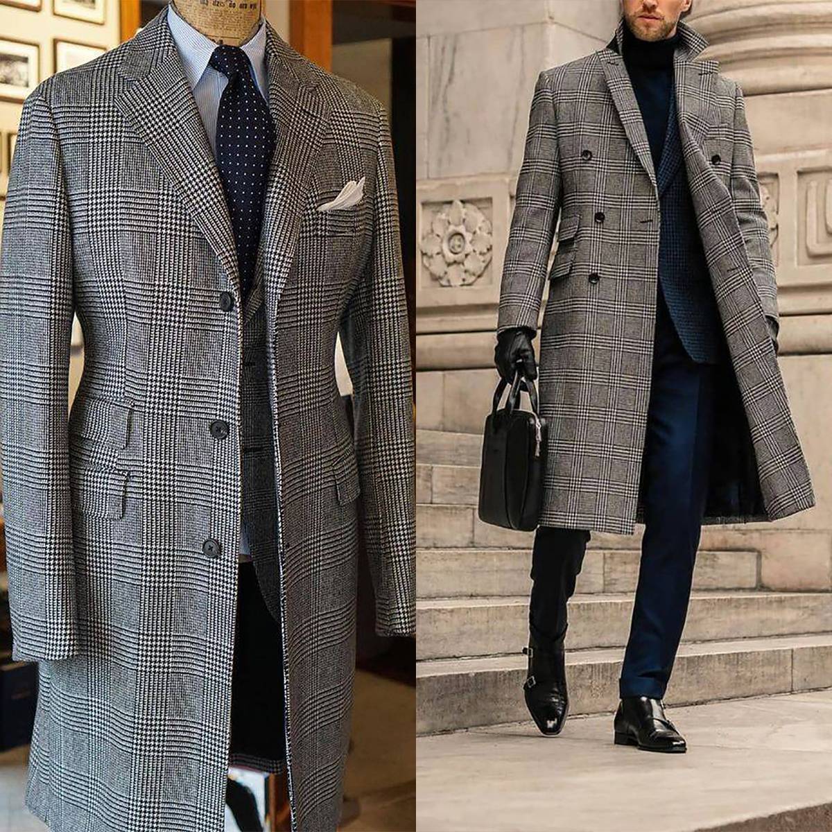 Plaid Woolen Coat Jacket for Men Winter Thick Tweed Trench Coat with Belt Custom Business Formal Casual Wear Plaid Woolen Coat Jacket for Men Winter Thick Tweed Trench Coat with Belt Custom Business Formal Casual Wear