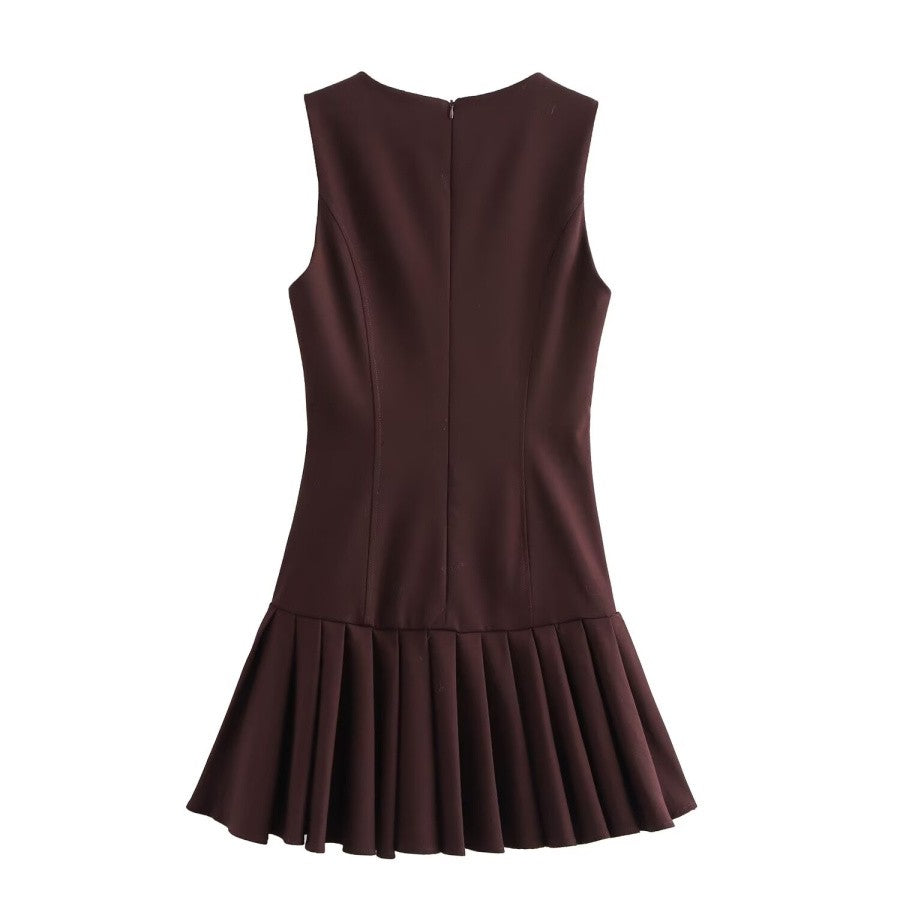 Traf2024 new product 3D cut out mini dress, pleated skirt design, brown sleeveless round neck short dress for womenTraf2024 new product 3D cut out mini dress, pleated skirt design, brown sleeveless round neck short dress for women