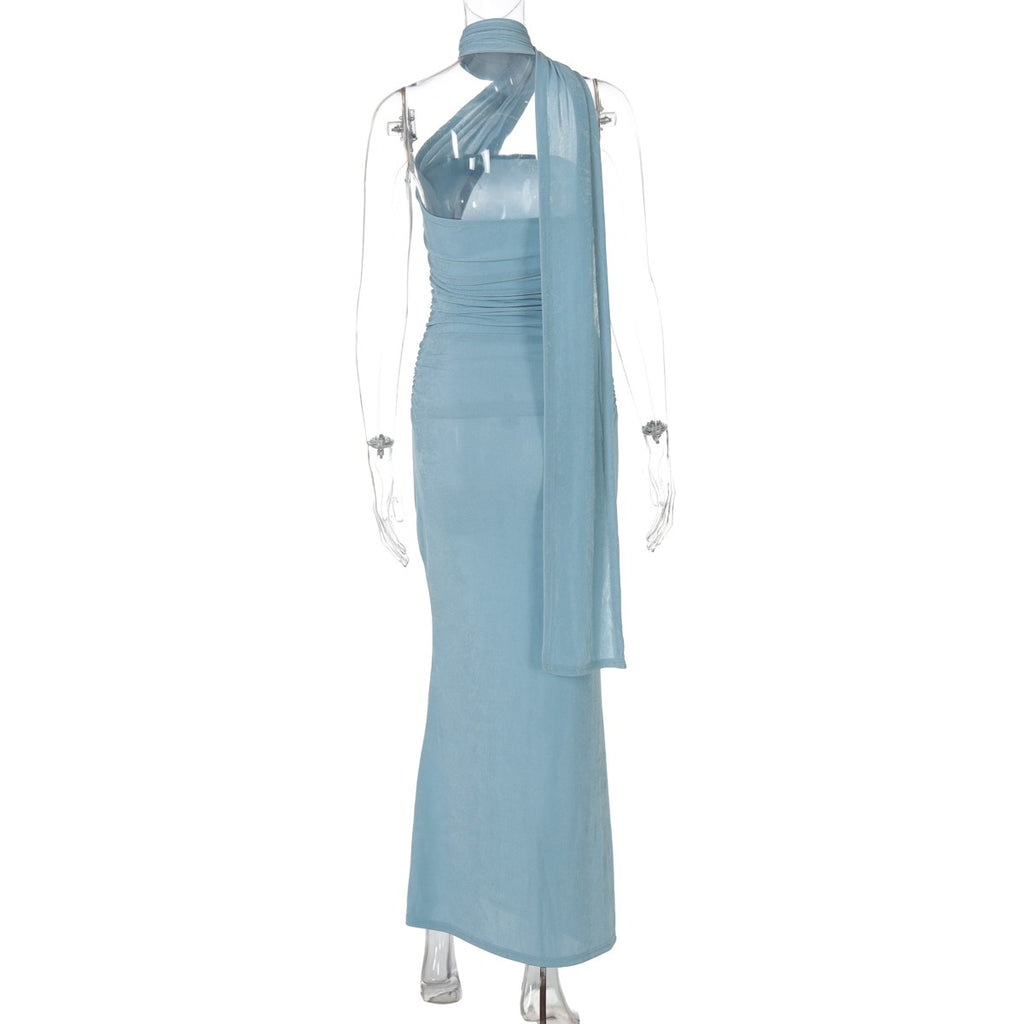 Hugcitar halter sólido sem mangas sem costas franzido sexy bodycon maxi vestido