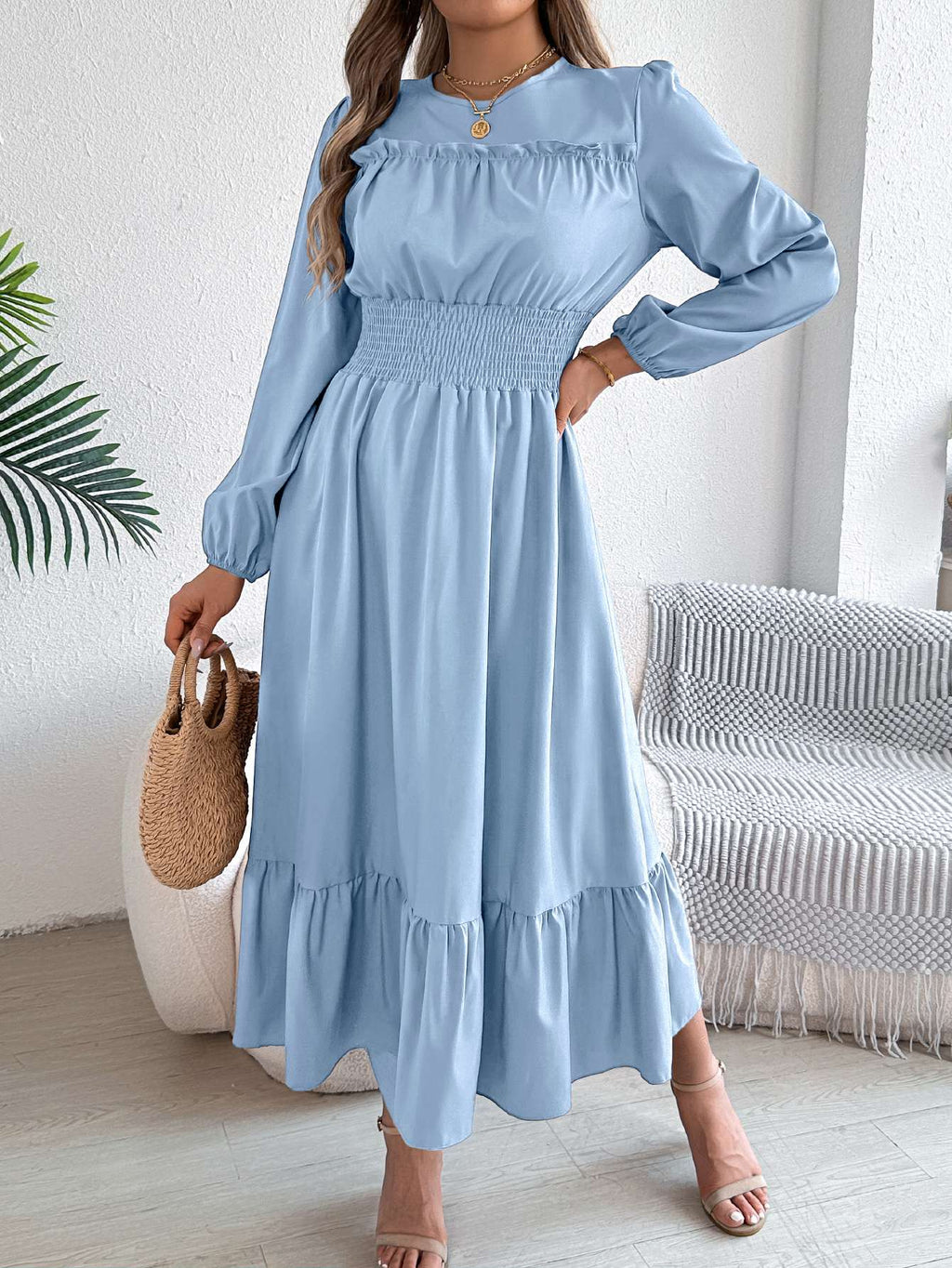 Autumn and winter casual elegant solid color round neck long sleeve cinched waist lotus leaf edge dress women's clothing Autumn and winter casual elegant solid color round neck long sleeve cinched waist lotus leaf edge dress women's clothing