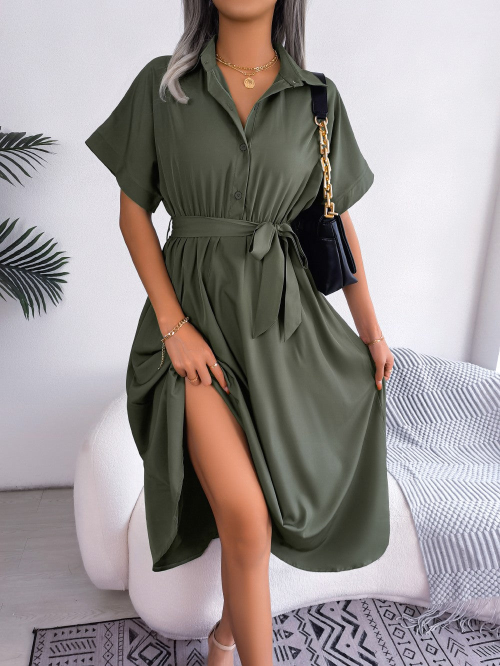 Women Summer Slim Waist Lace Up Dresses 2025 Casual Solid Color Turn Down Collar Short Sleeve A Line Dress Green Red Blue Women Summer Slim Waist Lace Up Dresses 2025 Casual Solid Color Turn Down Collar Short Sleeve A Line Dress Green Red Blue