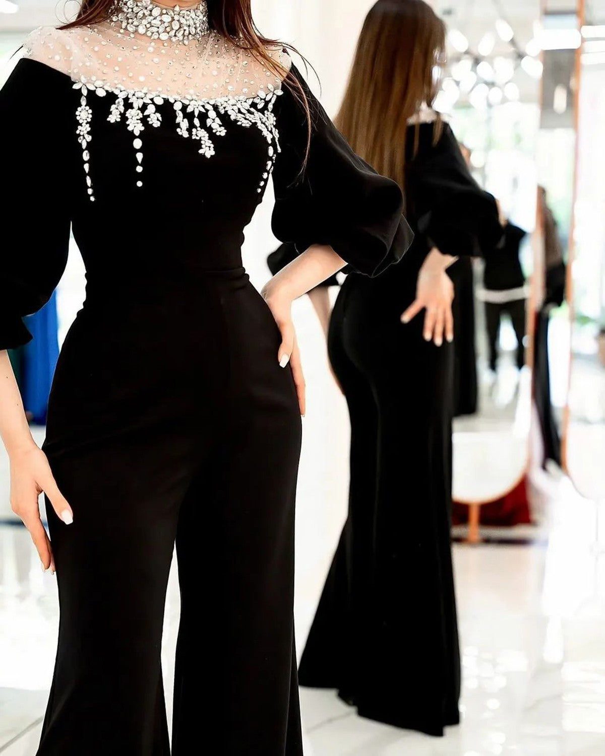 Luxury Women's Pant Suits One Piece Crystal Beaded Turtleneck Jumpsuits Custom Special Occasion Suits Evening Party Outfit
