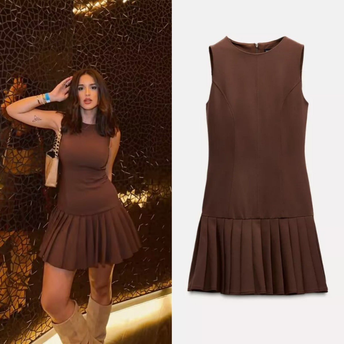 Traf2024 new product 3D cut out mini dress, pleated skirt design, brown sleeveless round neck short dress for womenTraf2024 new product 3D cut out mini dress, pleated skirt design, brown sleeveless round neck short dress for women