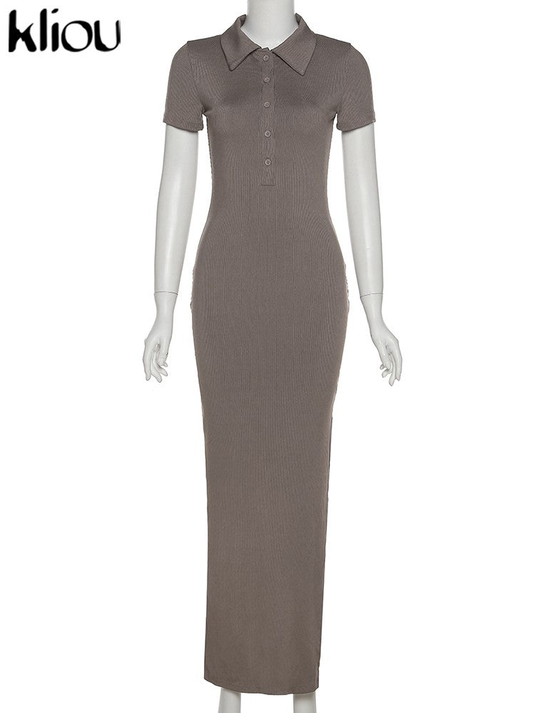 Kliou elegante senhora do escritório maxi vestido feminino sólido moda turn-do