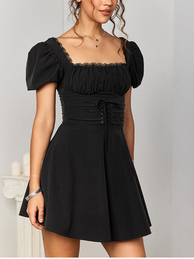NewAsia-Women's Puff Sleeve Lace Mini Dress, Backless, Square Neck, Ruched, Short, Casual, Vacation, Party Wear, Waist Tie UpNewAsia-Women's Puff Sleeve Lace Mini Dress, Backless, Square Neck, Ruched, Short, Casual, Vacation, Party Wear, Waist Tie Up