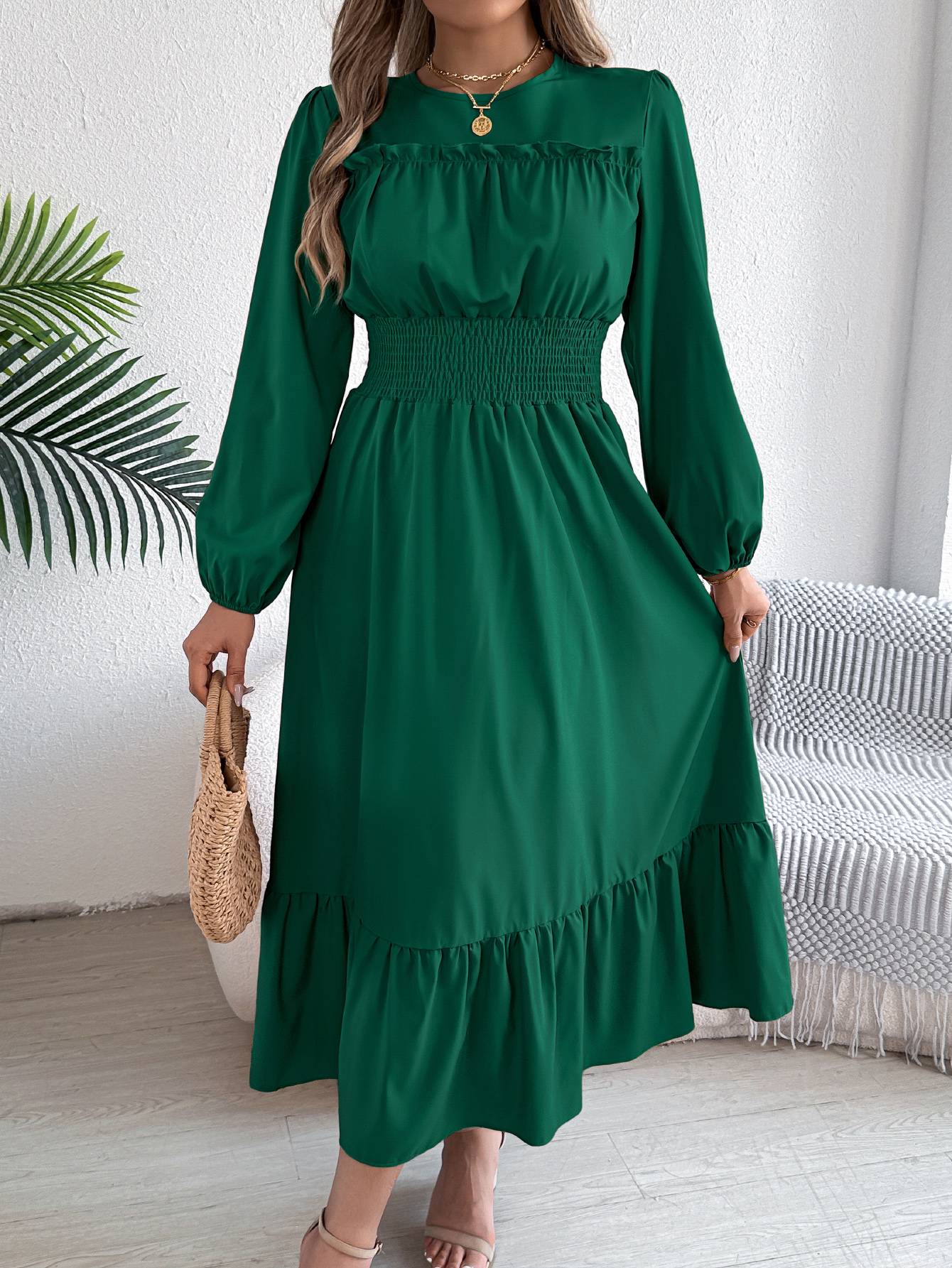 Autumn and winter casual elegant solid color round neck long sleeve cinched waist lotus leaf edge dress women's clothing Autumn and winter casual elegant solid color round neck long sleeve cinched waist lotus leaf edge dress women's clothing