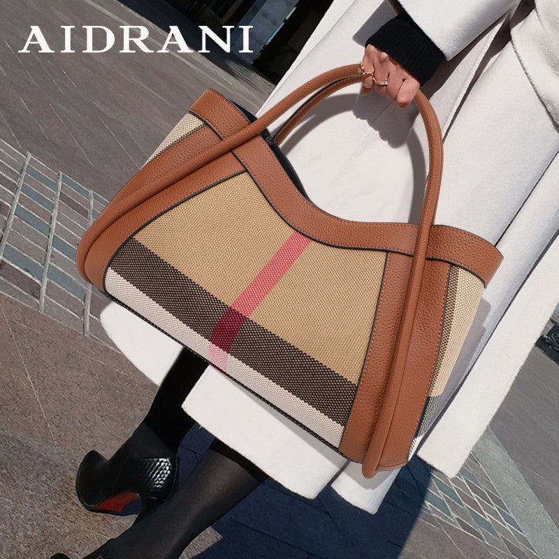 Aidrani Plaid Canvas and Leather Tote