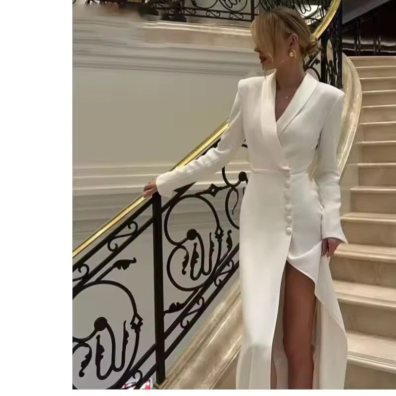 Sexy Women Blazer Dress Slim Fit High Slit Button Evening Dress Long Sleeves Floor Length Custom Formal Wear Party One PieceSexy Women Blazer Dress Slim Fit High Slit Button Evening Dress Long Sleeves Floor Length Custom Formal Wear Party One Piece