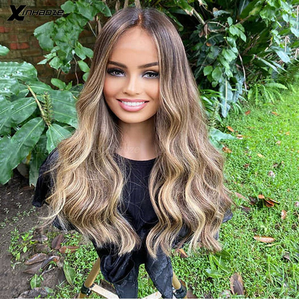 Lace Frontal Body Wave Wig, Raízes marrons, Ombre Blonde, 13x4 Lace Front Peruc
