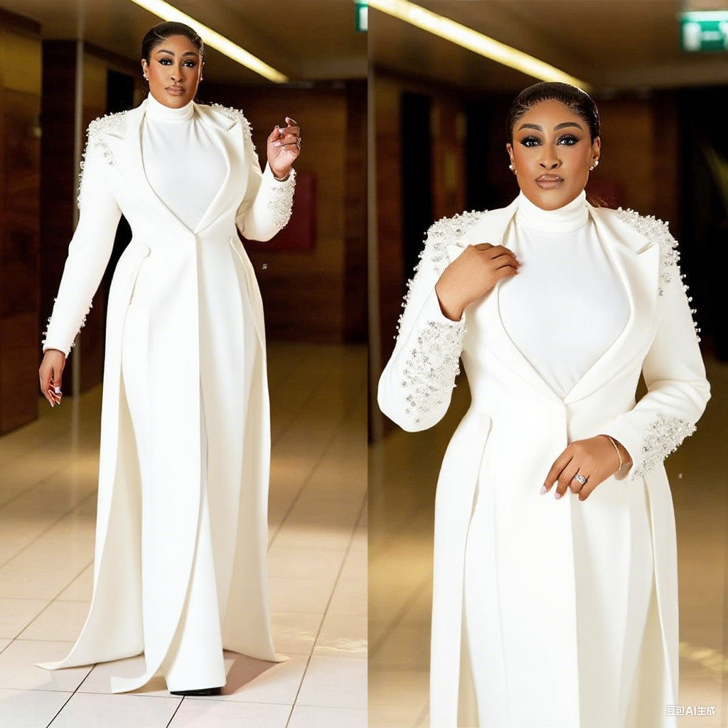 Pearl Beaded Long Women Blazer Suits 2 Pieces Plus Size Custom Formal Wedding Guest Suits Evening Party Celebrity OutfitPearl Beaded Long Women Blazer Suits 2 Pieces Plus Size Custom Formal Wedding Guest Suits Evening Party Celebrity Outfit