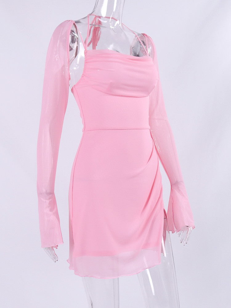 NewAsia Halter Ruffles Sleeves Mesh Pink Dress Women Sexy Solid Backless Bandage Mini Dress Summer Holiday Party Club NewAsia Halter Ruffles Sleeves Mesh Pink Dress Women Sexy Solid Backless Bandage Mini Dress Summer Holiday Party Club