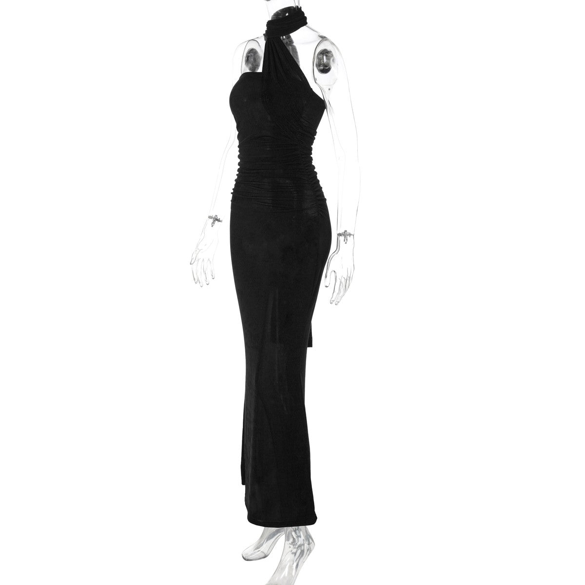 Hugcitar halter sólido sem mangas sem costas franzido sexy bodycon maxi vestido