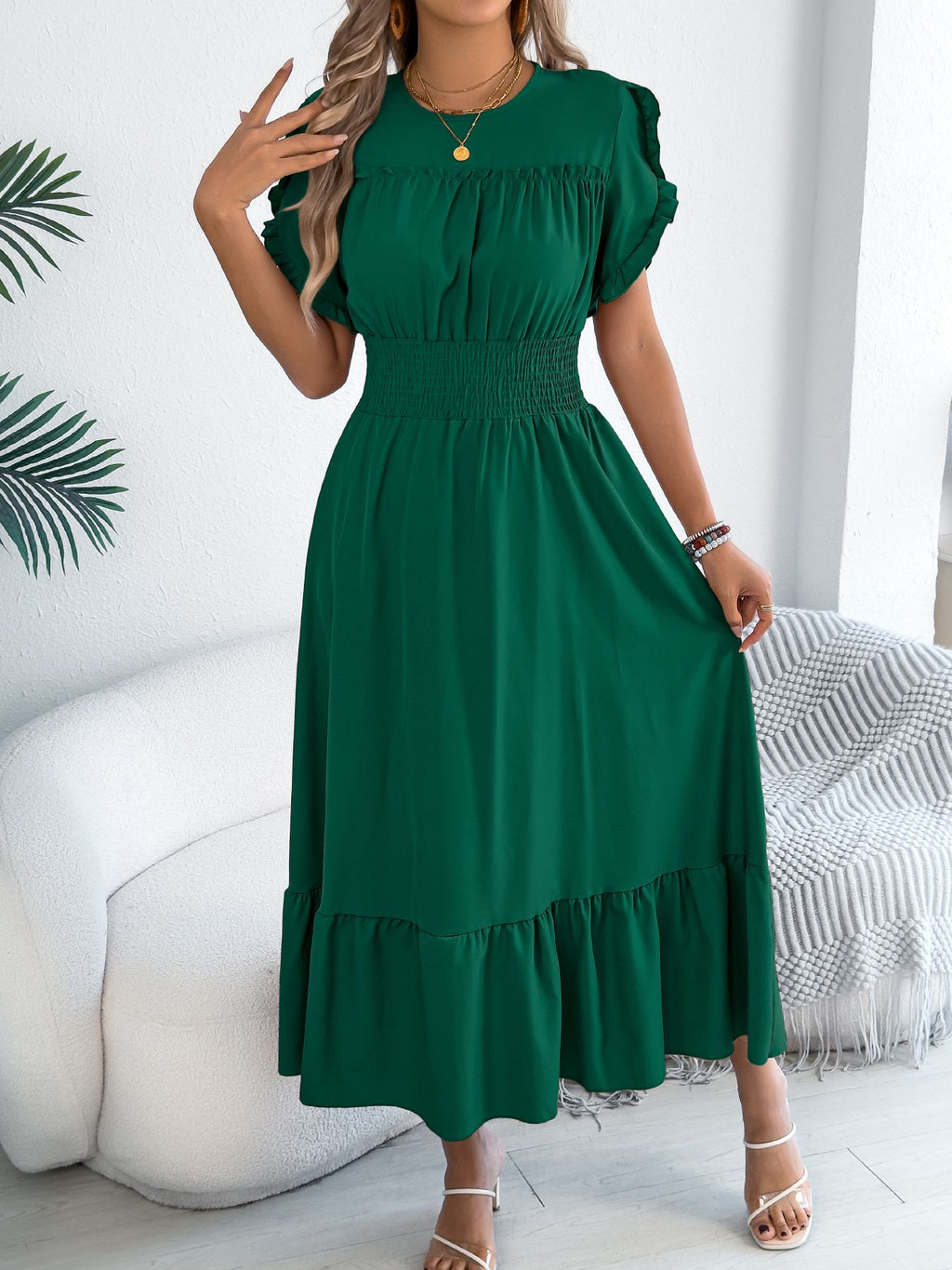 Casual elegant round neck ruffles cinched waist dress long dresses spring summer fashion women dressCasual elegant round neck ruffles cinched waist dress long dresses spring summer fashion women dress