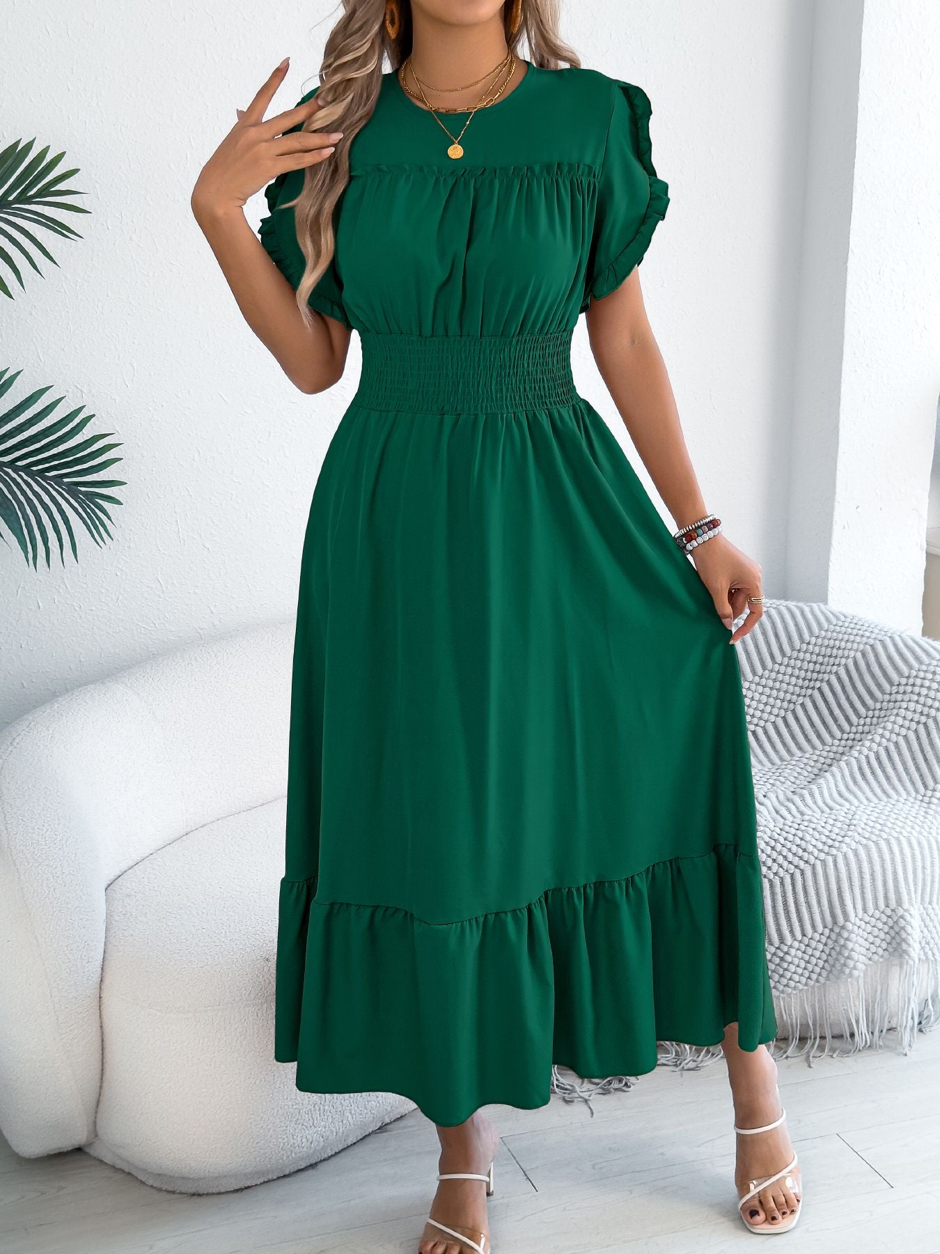 Casual elegant round neck ruffles cinched waist dress long dresses spring summer fashion women dressCasual elegant round neck ruffles cinched waist dress long dresses spring summer fashion women dress