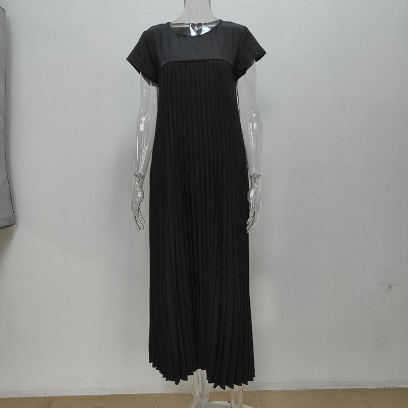 Elegant loose summer party dresses women fashion short sleeve casual a-line pleated long dress o-neck solid robe simple clothesElegant loose summer party dresses women fashion short sleeve casual a-line pleated long dress o-neck solid robe simple clothes