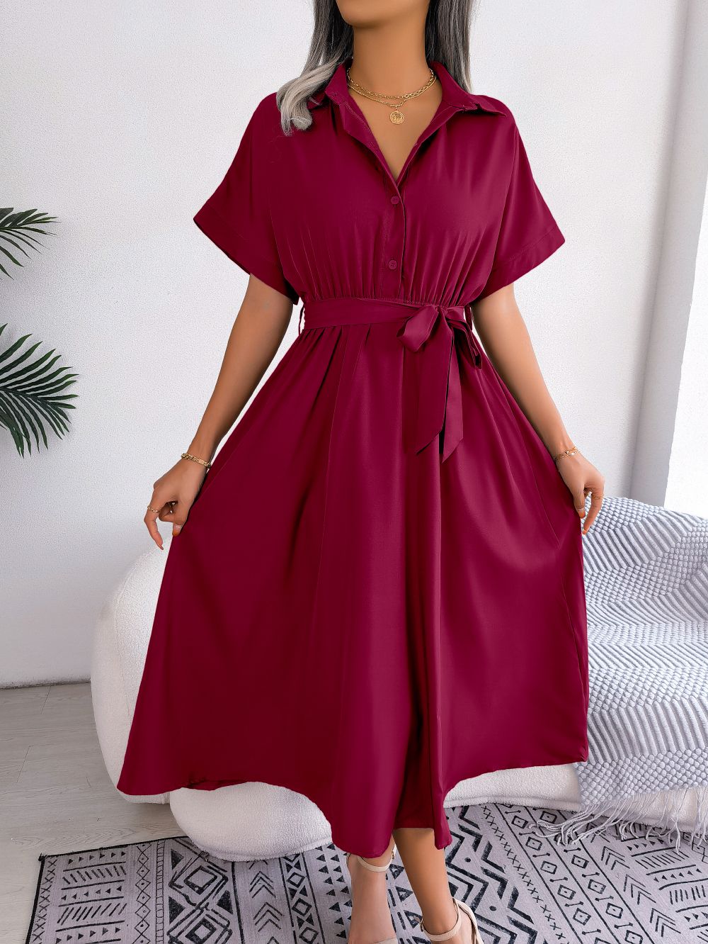 Women Summer Slim Waist Lace Up Dresses 2025 Casual Solid Color Turn Down Collar Short Sleeve A Line Dress Green Red Blue Women Summer Slim Waist Lace Up Dresses 2025 Casual Solid Color Turn Down Collar Short Sleeve A Line Dress Green Red Blue