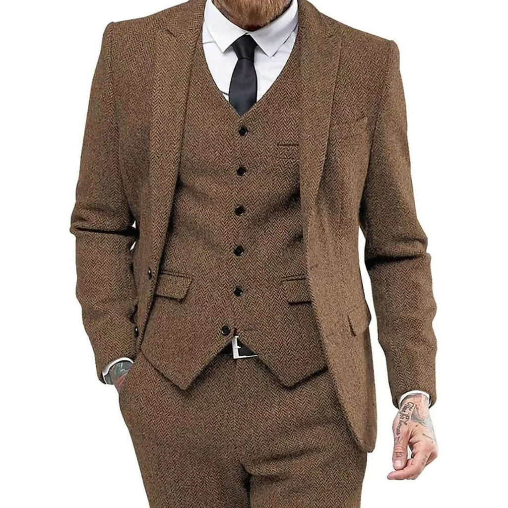 Men's Retro Herringbone Suit, Elegant Vintage Tuxedo Set, 3 Piece Blazer, Vest and Pants, for Wedding, Business, Evening PartyMen's Retro Herringbone Suit, Elegant Vintage Tuxedo Set, 3 Piece Blazer, Vest and Pants, for Wedding, Business, Evening Party