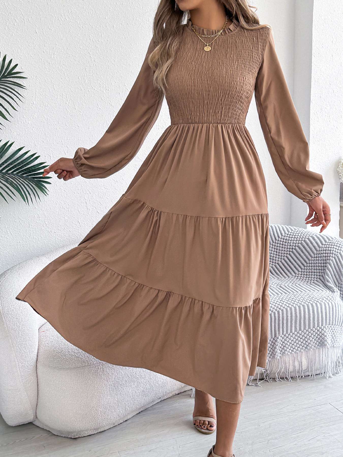 Autumn Winter Elegant Dresses for Women Solid Color Round Neck Long Sleeve Ruffles Dresses Khaki Green Red Autumn Winter Elegant Dresses for Women Solid Color Round Neck Long Sleeve Ruffles Dresses Khaki Green Red