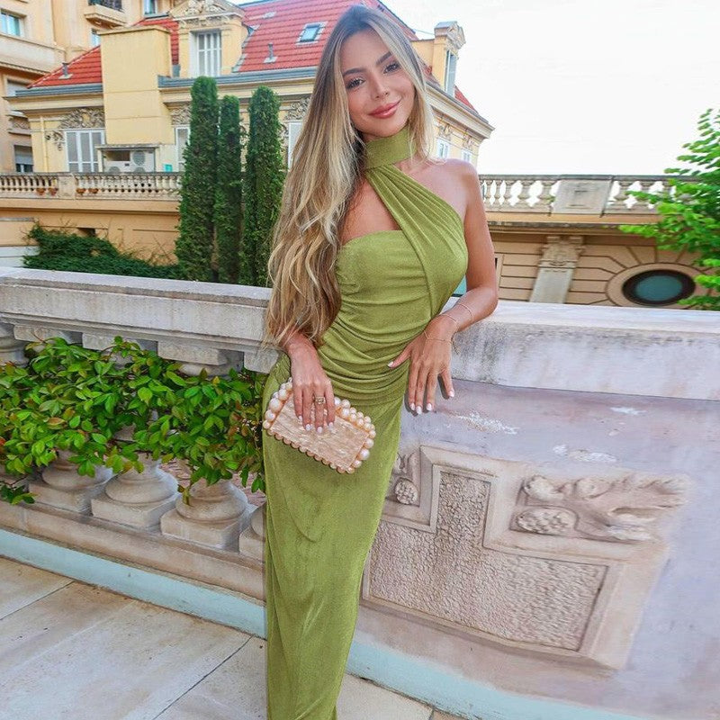 Hugcitar halter sólido sem mangas sem costas franzido sexy bodycon maxi vestido