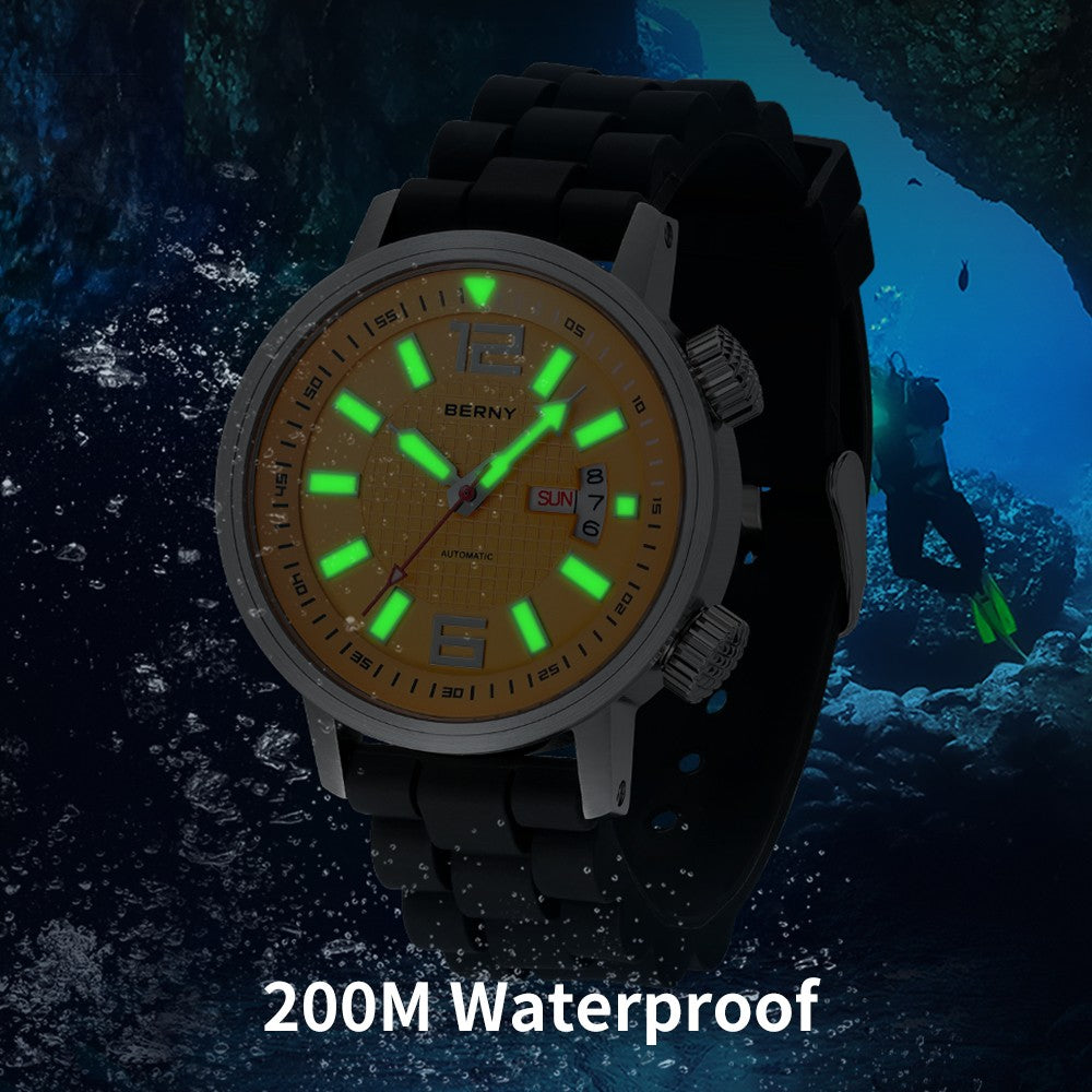 BERNY 20ATM Diver Relógio Mecânico Automático para Homens Super Luminoso À P