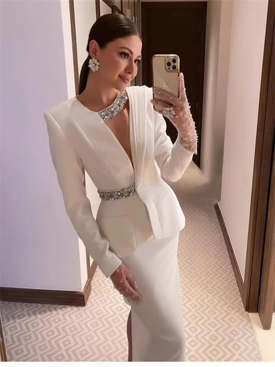 Elegant Crystal Formal Evening Dress Suit 2 Pieces V Neck Blazer and Skirt Set Custom Wedding Guest Dress Prom Men's OutfitElegant Crystal Formal Evening Dress Suit 2 Pieces V Neck Blazer and Skirt Set Custom Wedding Guest Dress Prom Men's Outfit