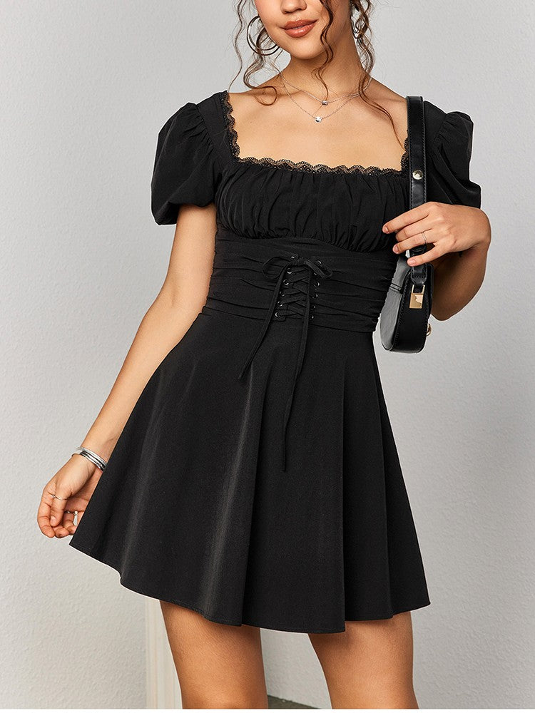NewAsia-Women's Puff Sleeve Lace Mini Dress, Backless, Square Neck, Ruched, Short, Casual, Vacation, Party Wear, Waist Tie UpNewAsia-Women's Puff Sleeve Lace Mini Dress, Backless, Square Neck, Ruched, Short, Casual, Vacation, Party Wear, Waist Tie Up