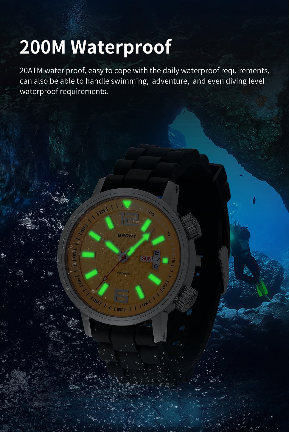 BERNY 20ATM Diver Relógio Mecânico Automático para Homens Super Luminoso À P
