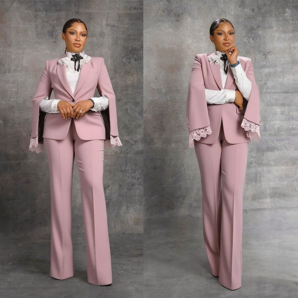 Classic two-piece lace blazer and pant set, tailored for the mother of the bride or wedding guest.