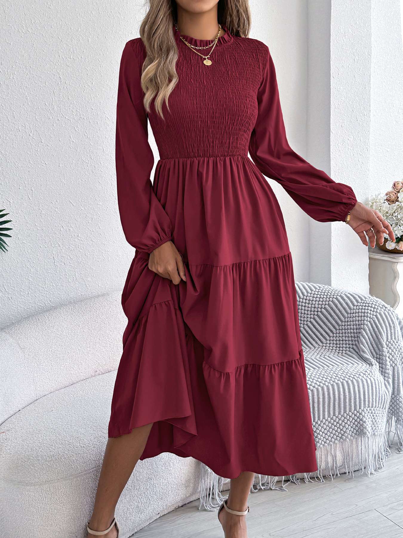 Autumn Winter Elegant Dresses for Women Solid Color Round Neck Long Sleeve Ruffles Dresses Khaki Green Red Autumn Winter Elegant Dresses for Women Solid Color Round Neck Long Sleeve Ruffles Dresses Khaki Green Red