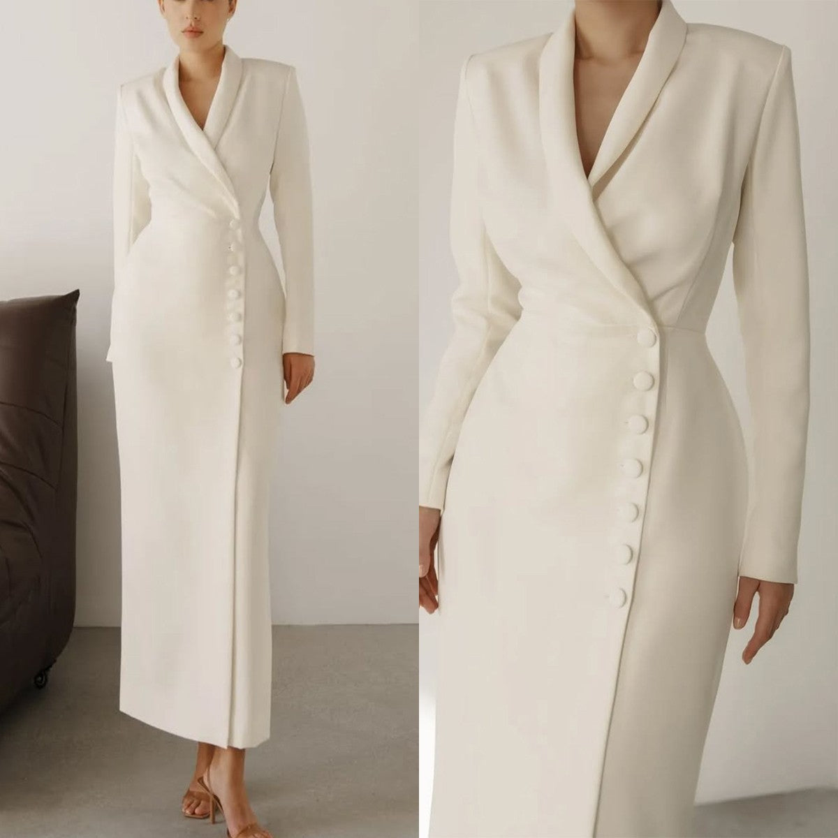 Elegant White Women Blazer Dress Ankle Length Button Evening Dress Slim Fit Custom Formal Wear Party One Piece Elegant White Women Blazer Dress Ankle Length Button Evening Dress Slim Fit Custom Formal Wear Party One Piece