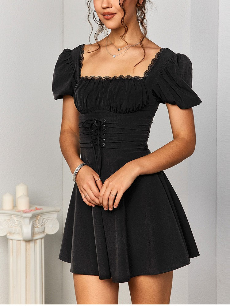 NewAsia-Women's Puff Sleeve Lace Mini Dress, Backless, Square Neck, Ruched, Short, Casual, Vacation, Party Wear, Waist Tie UpNewAsia-Women's Puff Sleeve Lace Mini Dress, Backless, Square Neck, Ruched, Short, Casual, Vacation, Party Wear, Waist Tie Up