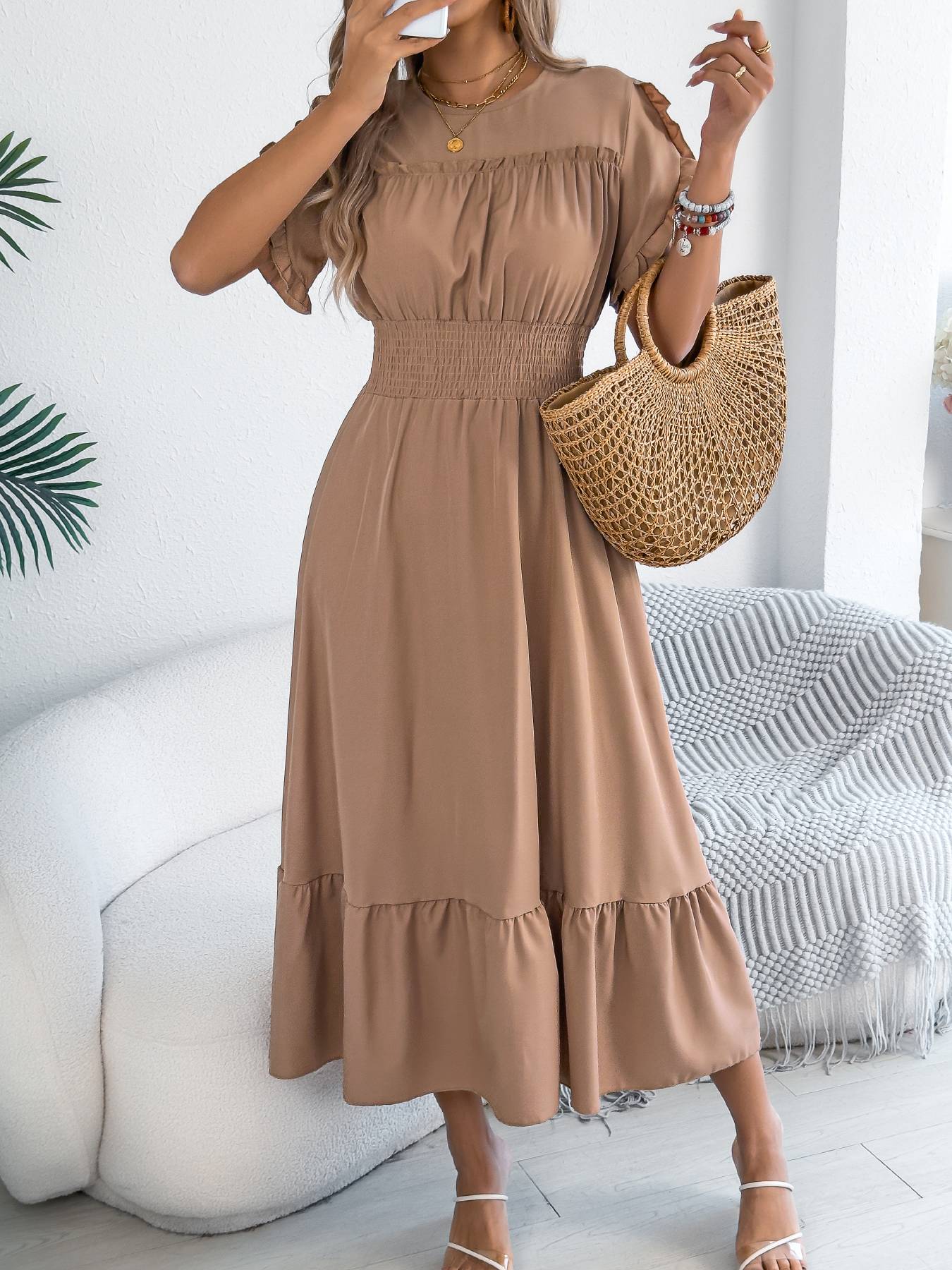 Casual elegant round neck ruffles cinched waist dress long dresses spring summer fashion women dressCasual elegant round neck ruffles cinched waist dress long dresses spring summer fashion women dress