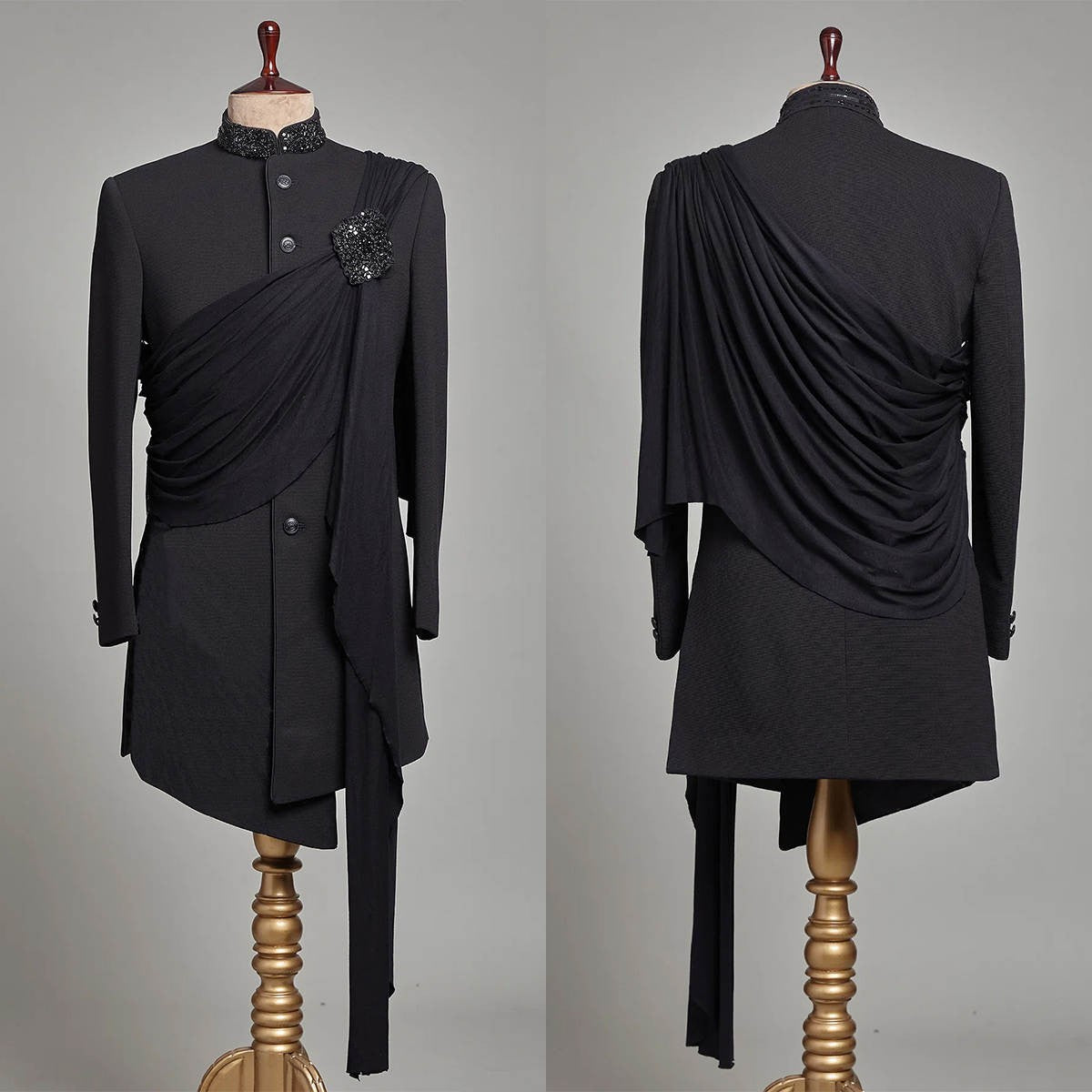 Royal style men's tuxedo suits, 2 pieces, ribbon collar, groom suits, custom formal wear, evening party suits